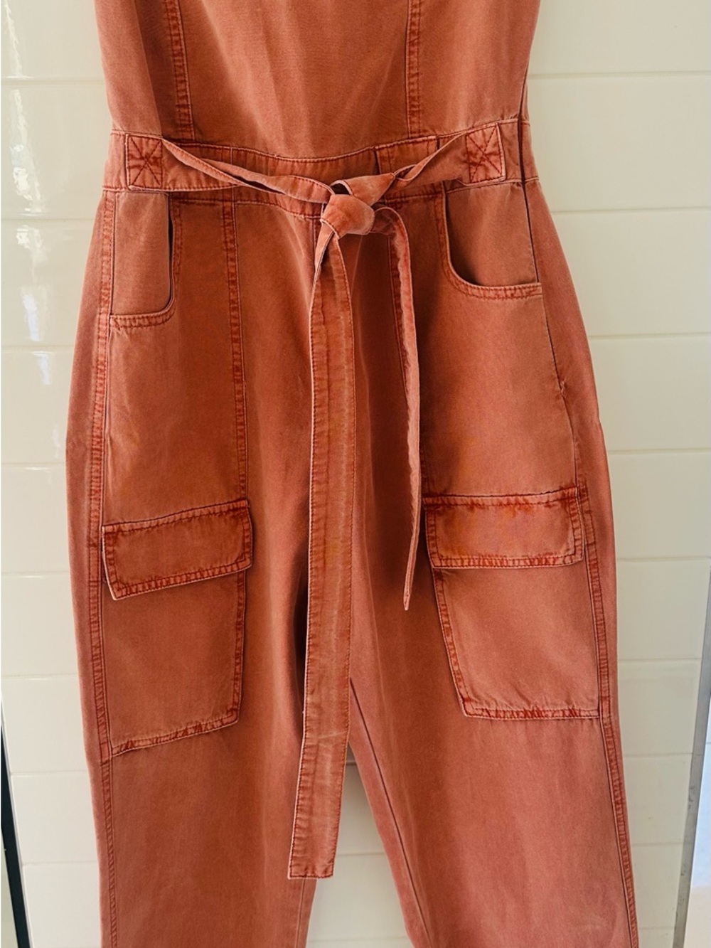 Strapless Terracotta Cargo Denim Jumpsuit with Tie Belt - Picture 2 of 5